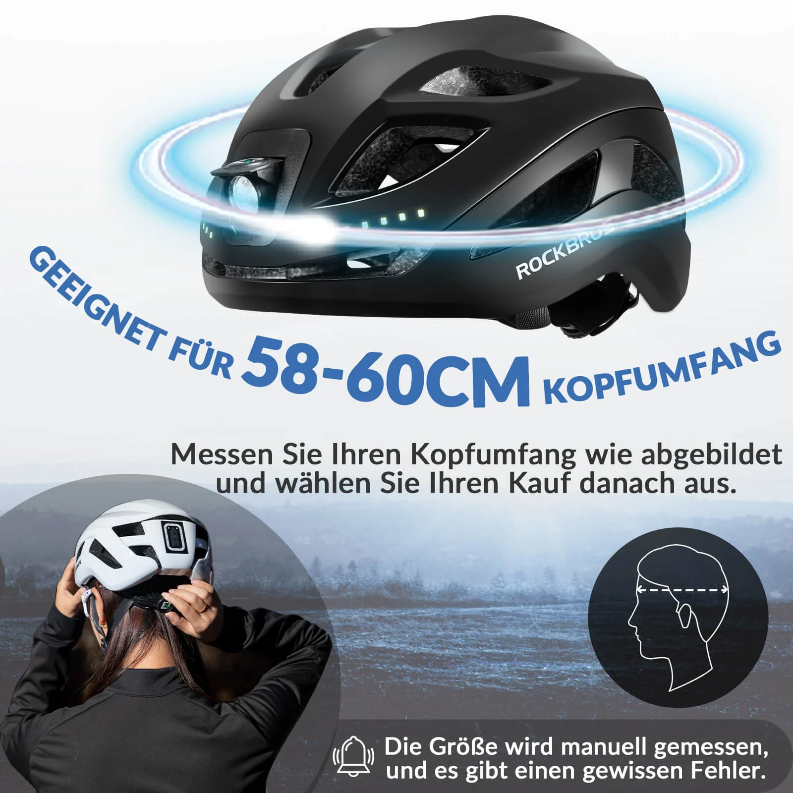 ROCKBROS Fahrradhelm mit Licht, mit USB 1800 mAh Atmungsaktiv 58-60 cm - Image 35