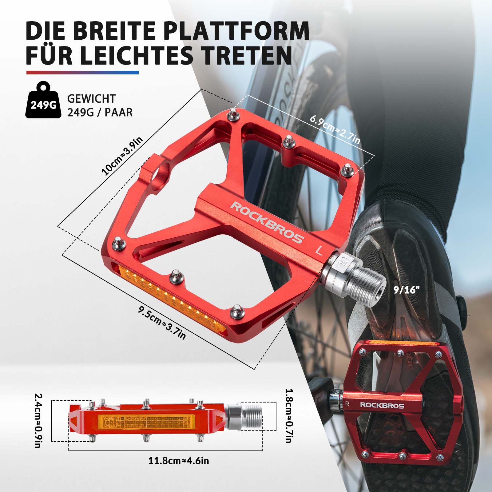 ROCKBROS Fahrradpedale mit Reflektoren aus Aluminiumlegierung 9/16 Zoll - Image 11