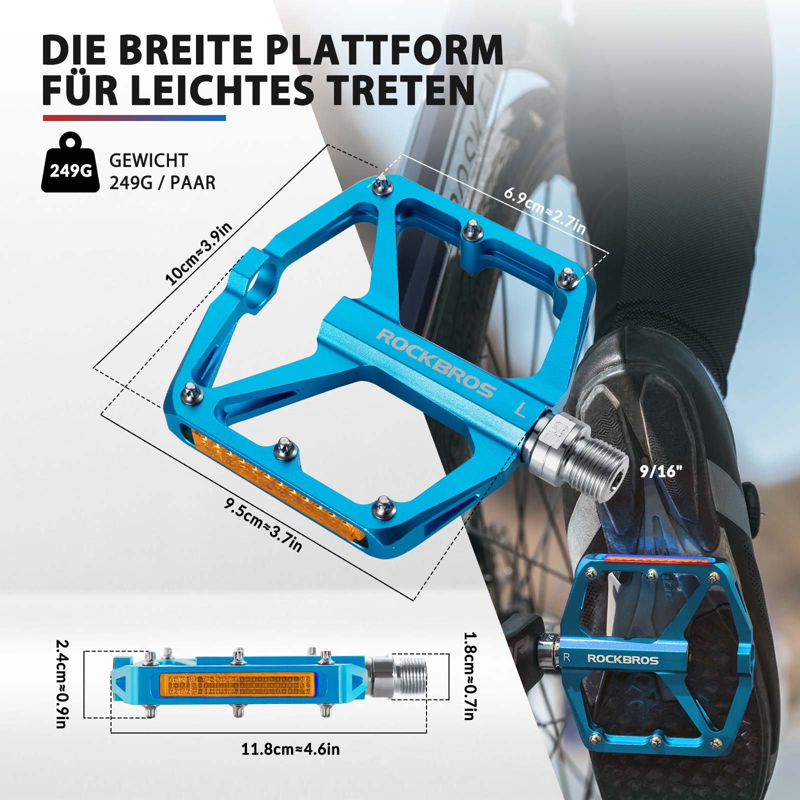 ROCKBROS Fahrradpedale mit Reflektoren aus Aluminiumlegierung 9/16 Zoll - Image 7