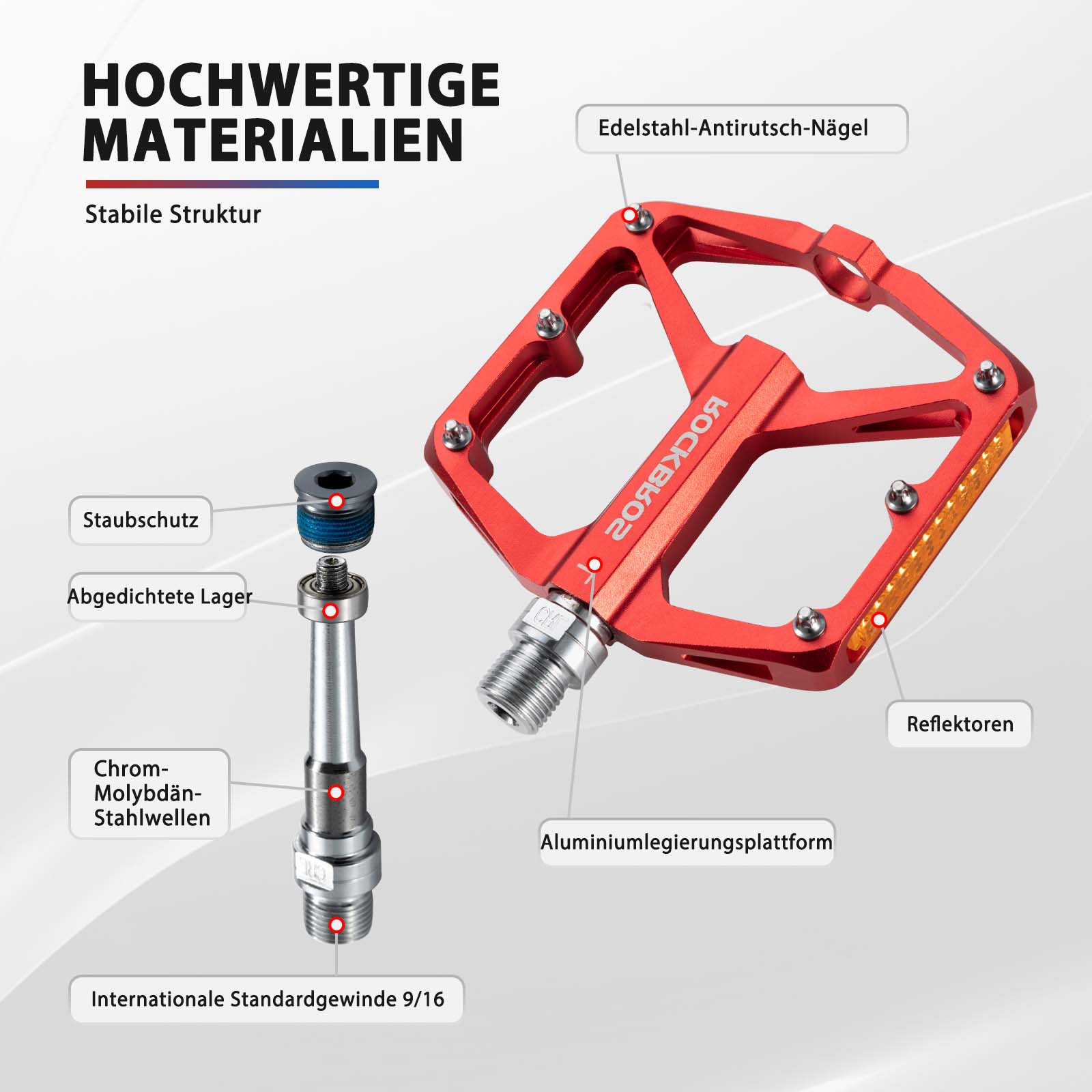ROCKBROS Fahrradpedale mit Reflektoren aus Aluminiumlegierung 9/16 Zoll - Image 8