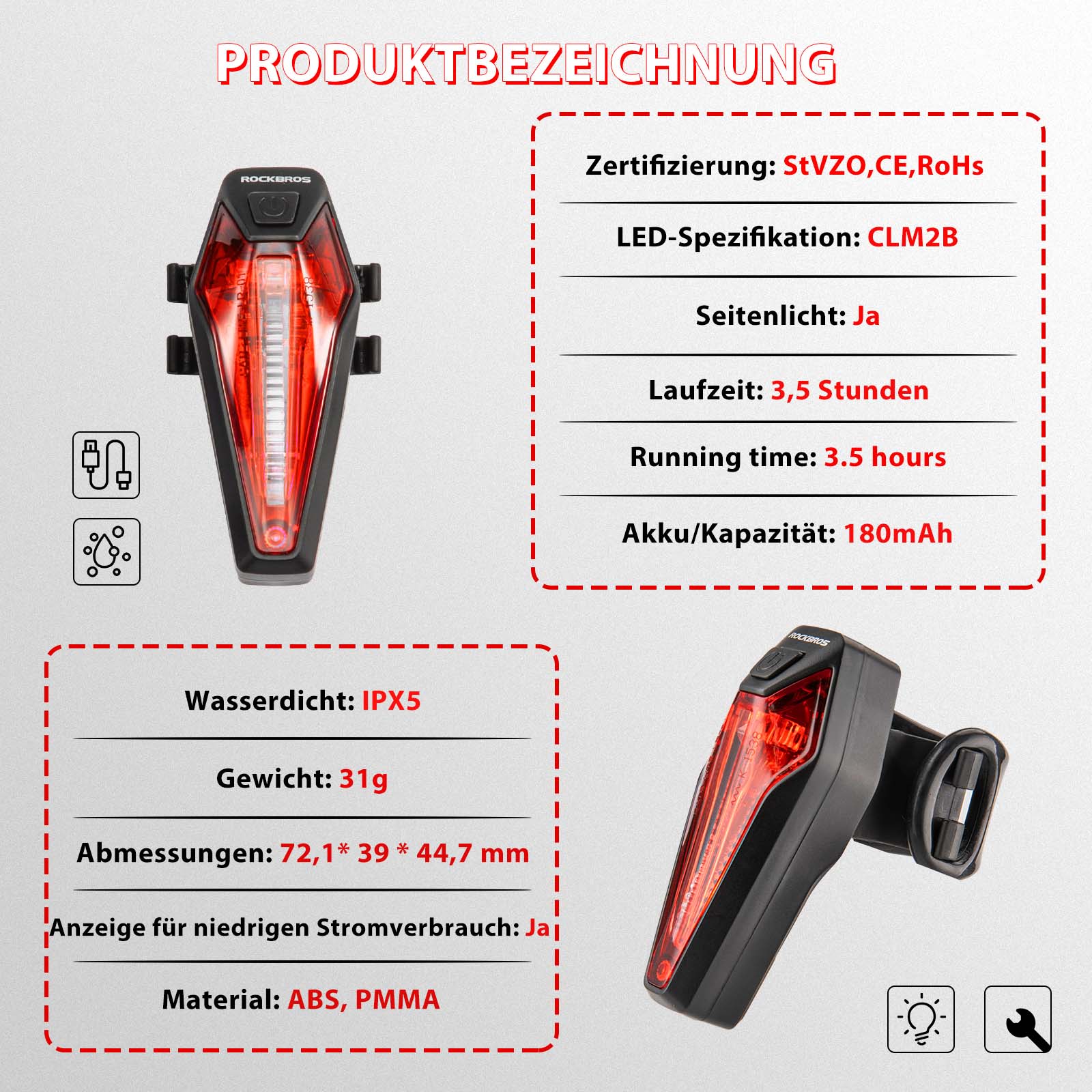 ROCKBROS LED hinten Fahrradlicht Aufladbarer IPX5 Wasserdicht - Image 5