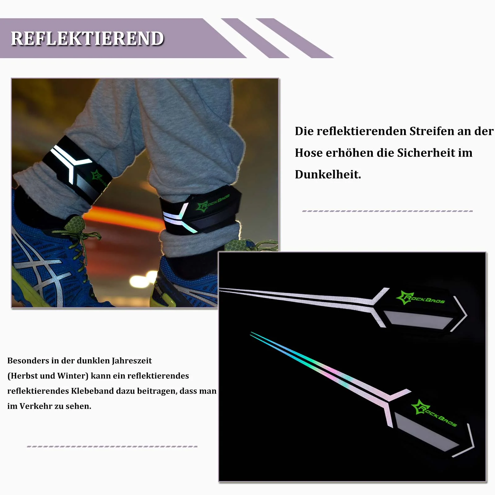 ROCKBROS Reflektorbänder Hosenband mit Klettverschluss 1 Paar Schwarz - Image 7