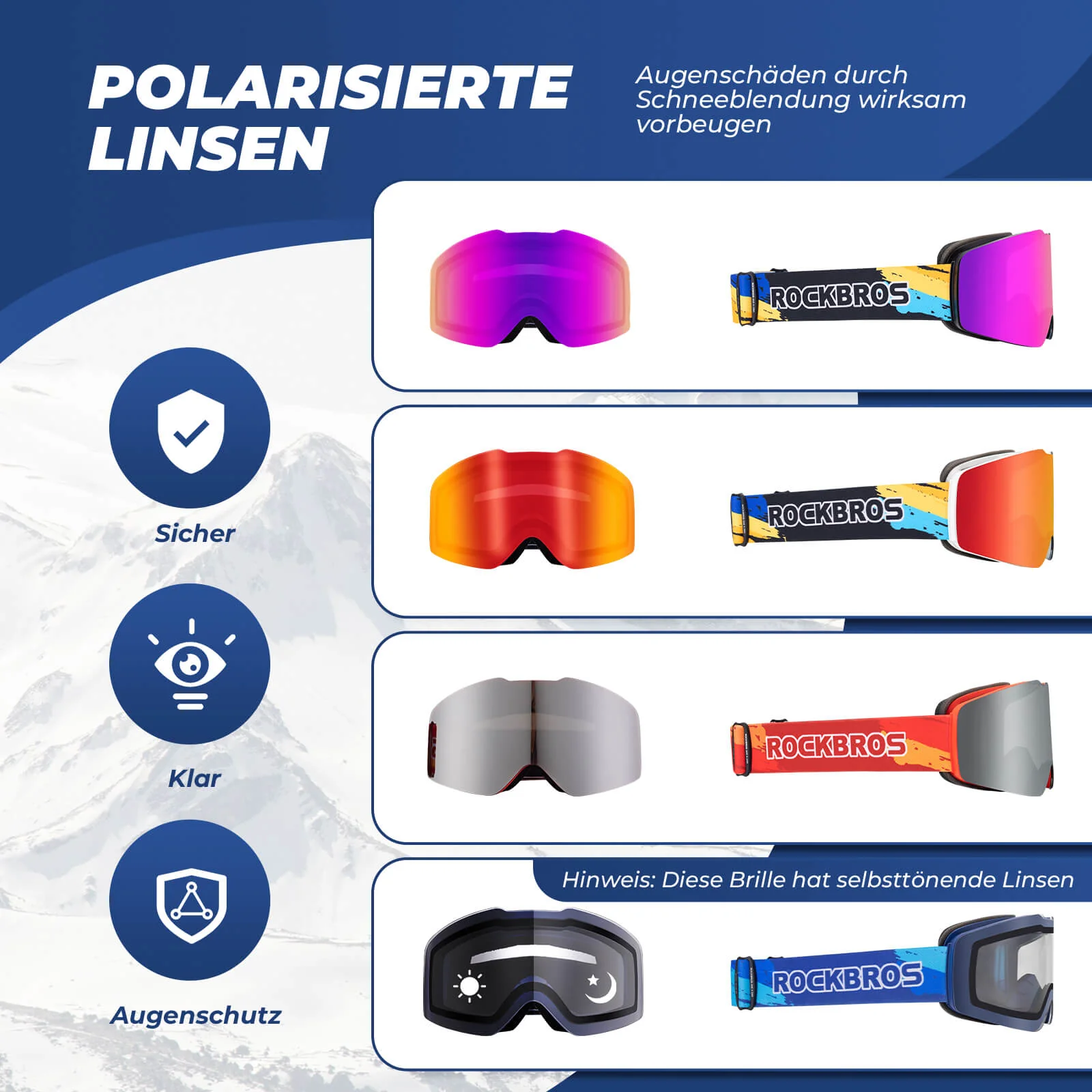 ROCKBROS Skibrille Schneebrille Polarisierte Helmkompatible Sportbrille Skifahren - Image 7