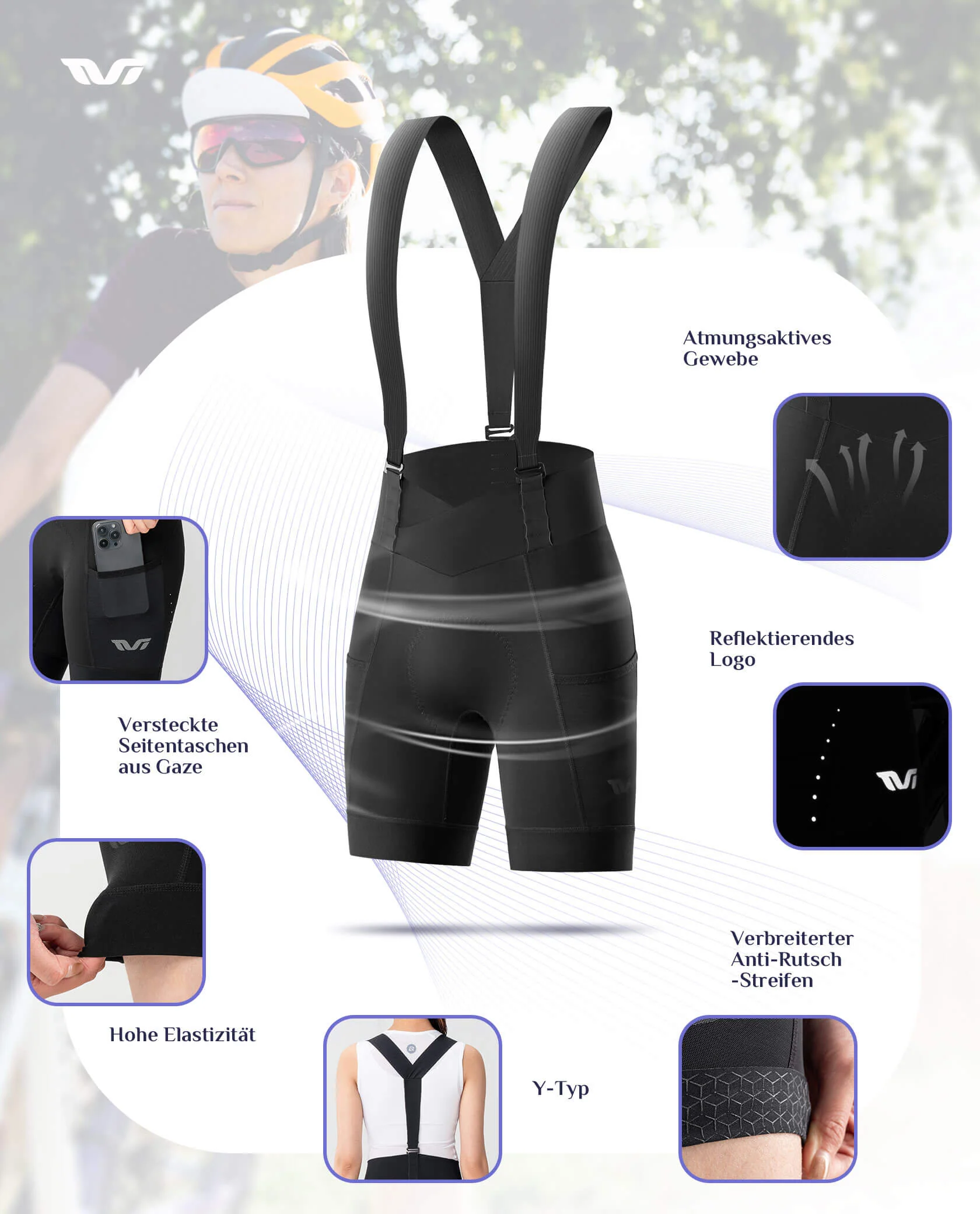 ROCKBROS TVI Fahrradhose Damen mit abnehmbaren Kurz Radsport TrÀgerhose - Image 5