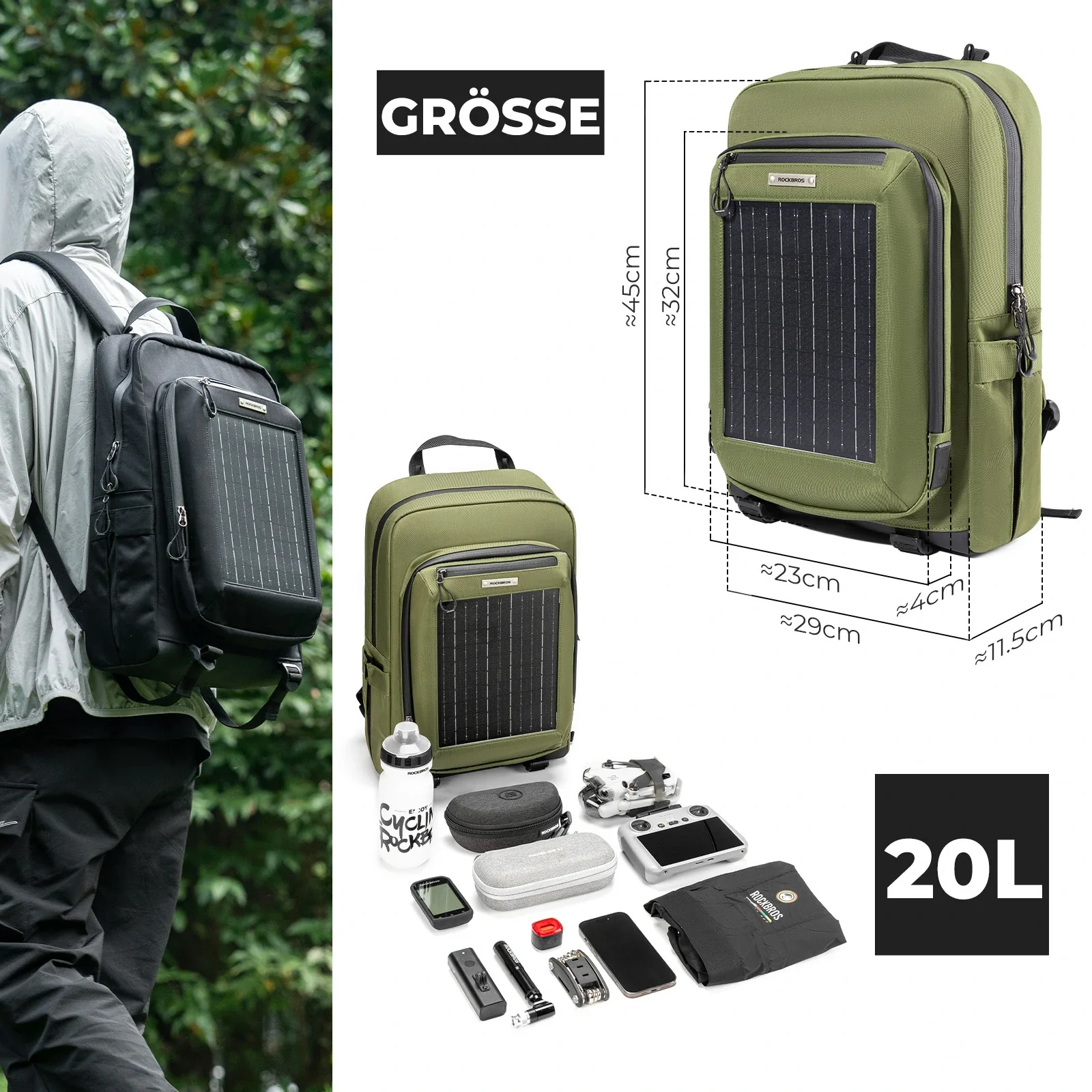 Solarrucksack Solar Rucksack 20L mit Flexiblem Abnehmbarem 10V 14W - Image 7